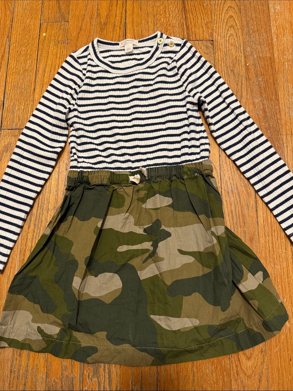 Crewcuts Navy & White Striped Top with Green Camo Skirt